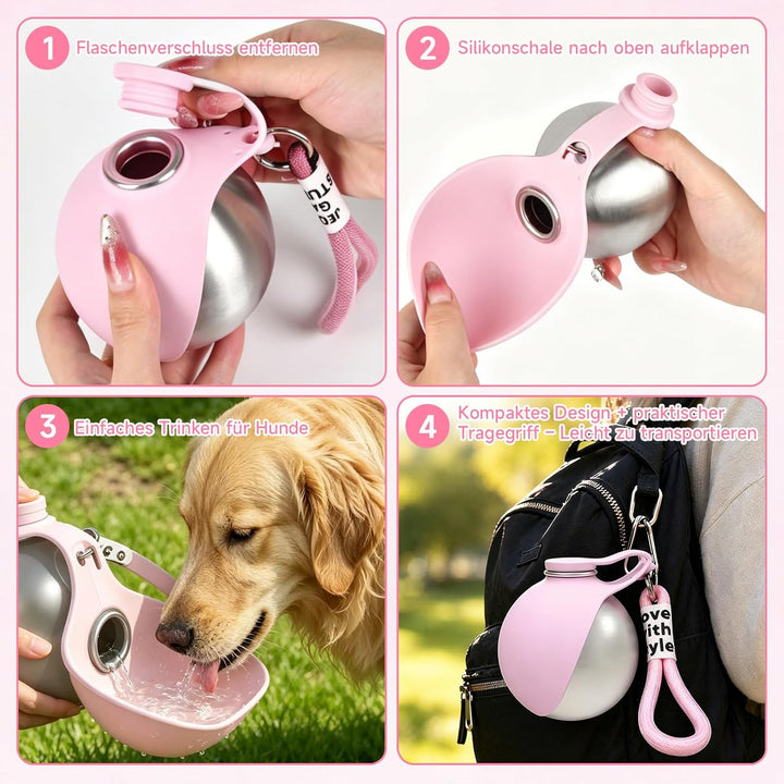 Tragbare Trinkflasche Hunde für Unterwegs, 285ml Edelstahl Hundetrinkflasche mit Faltbarem Silikonna