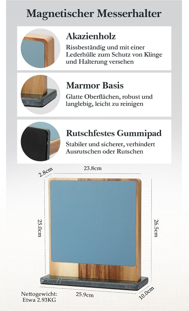 HEZHEN Magnetischer Messerblock aus Akazienholz - Doppelseitiger Magnetischer Messerhalter mit Leder