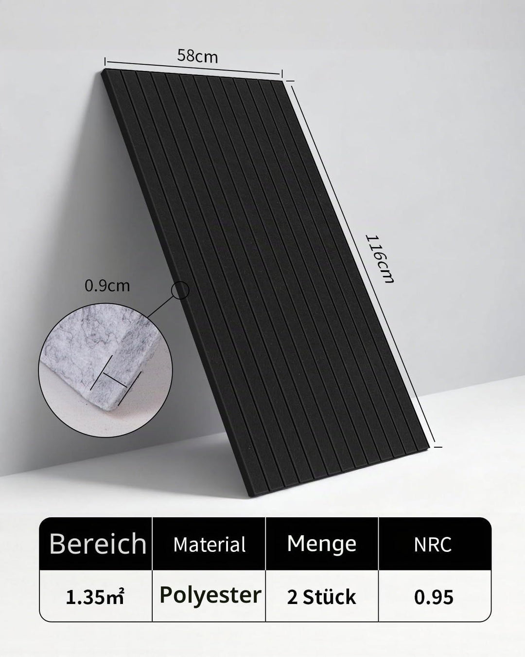 1,35㎡ Akustikpaneele Selbstklebend Schallabsorber 2 Stück Schwarz | 116x58x0,9cm 100% Polyester Akus