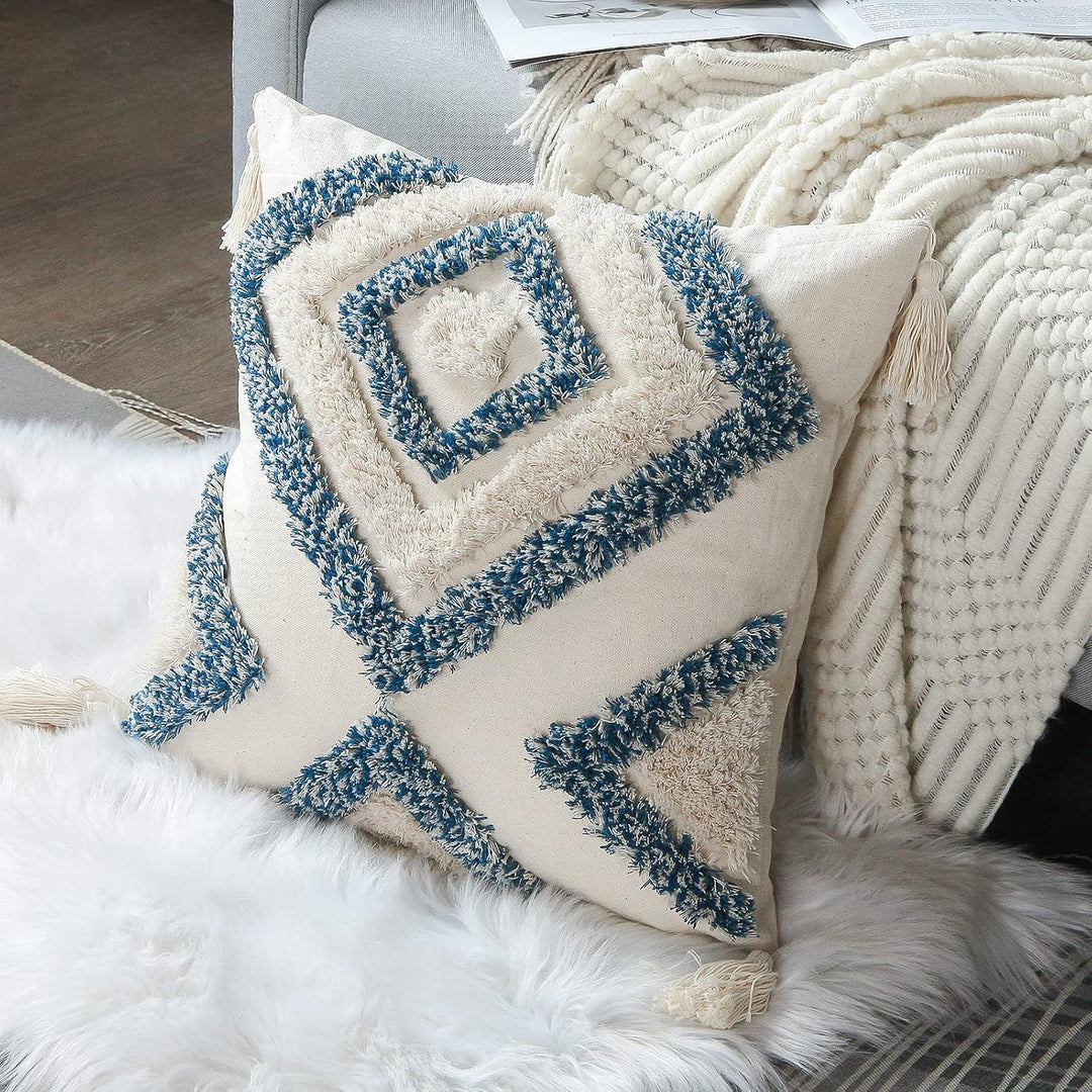 Jasen Dekorativer Boho-Kissenbezug, gewebt, getuftet, mit Quasten, Rautenmuster, für Couch, Sofa, Sc