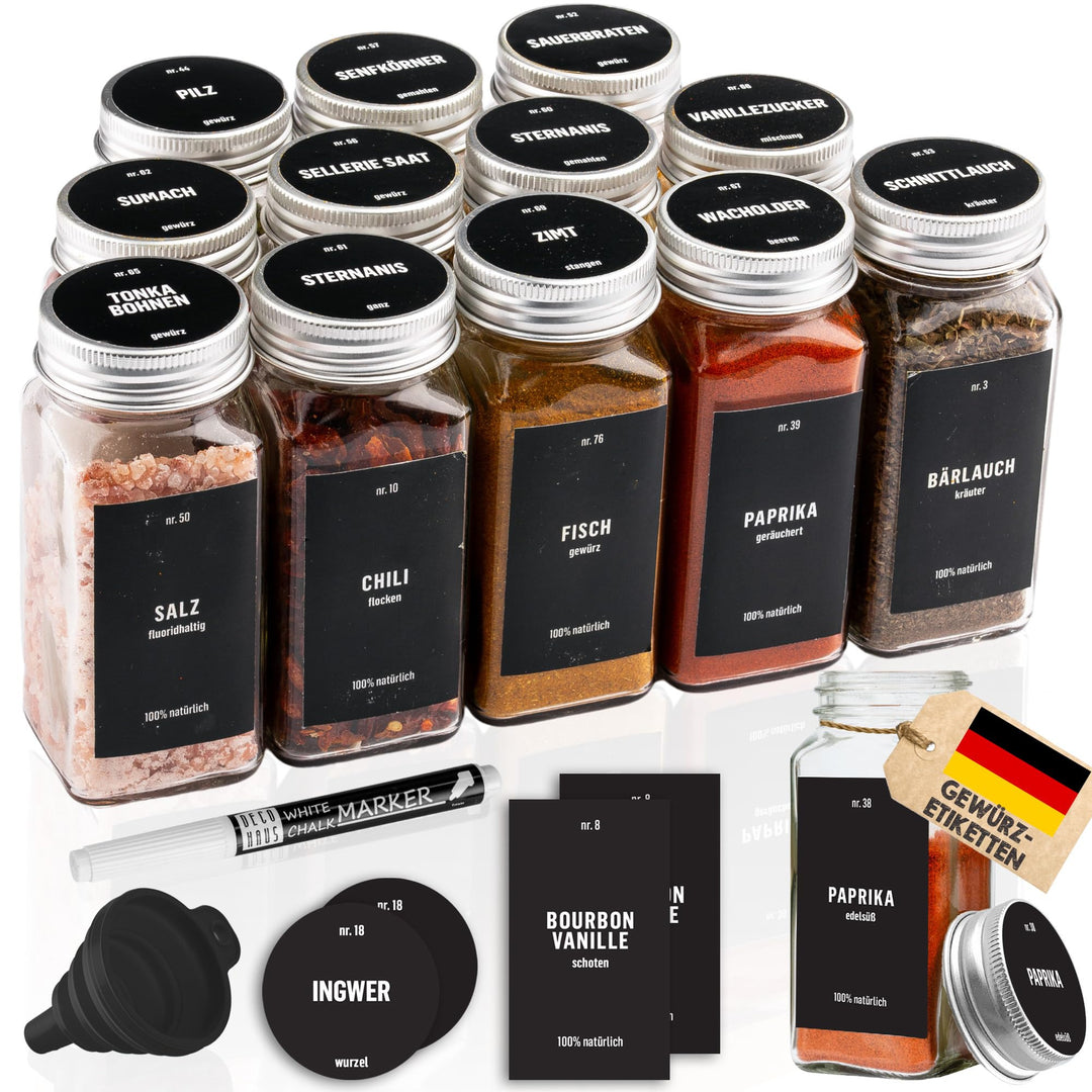 Deco haus® Gewürzgläser eckig mit Schraubkappe 12er Set [+Etiketten & Streueinsatz] - Gewürzdosen Se