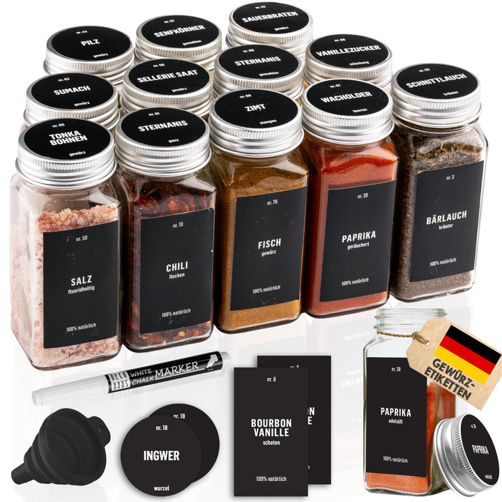 Deco haus® Gewürzgläser eckig mit Schraubkappe 12er Set [+Etiketten & Streueinsatz] - Gewürzdosen Se