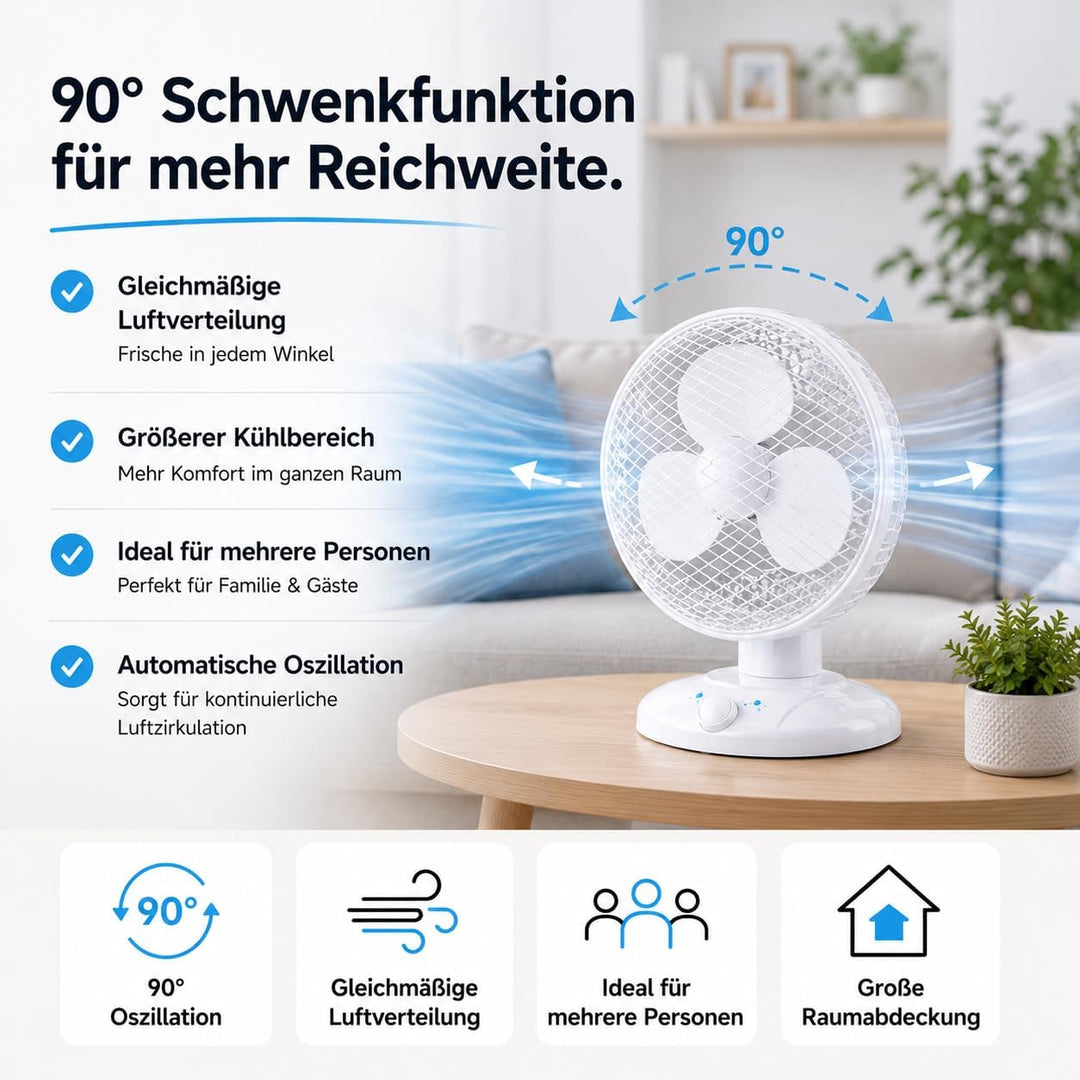 Everhomely Tragbarer Tischventilator 30 cm mit Schwenkfunktion – leiser Ventilator mit 3 Geschwindig