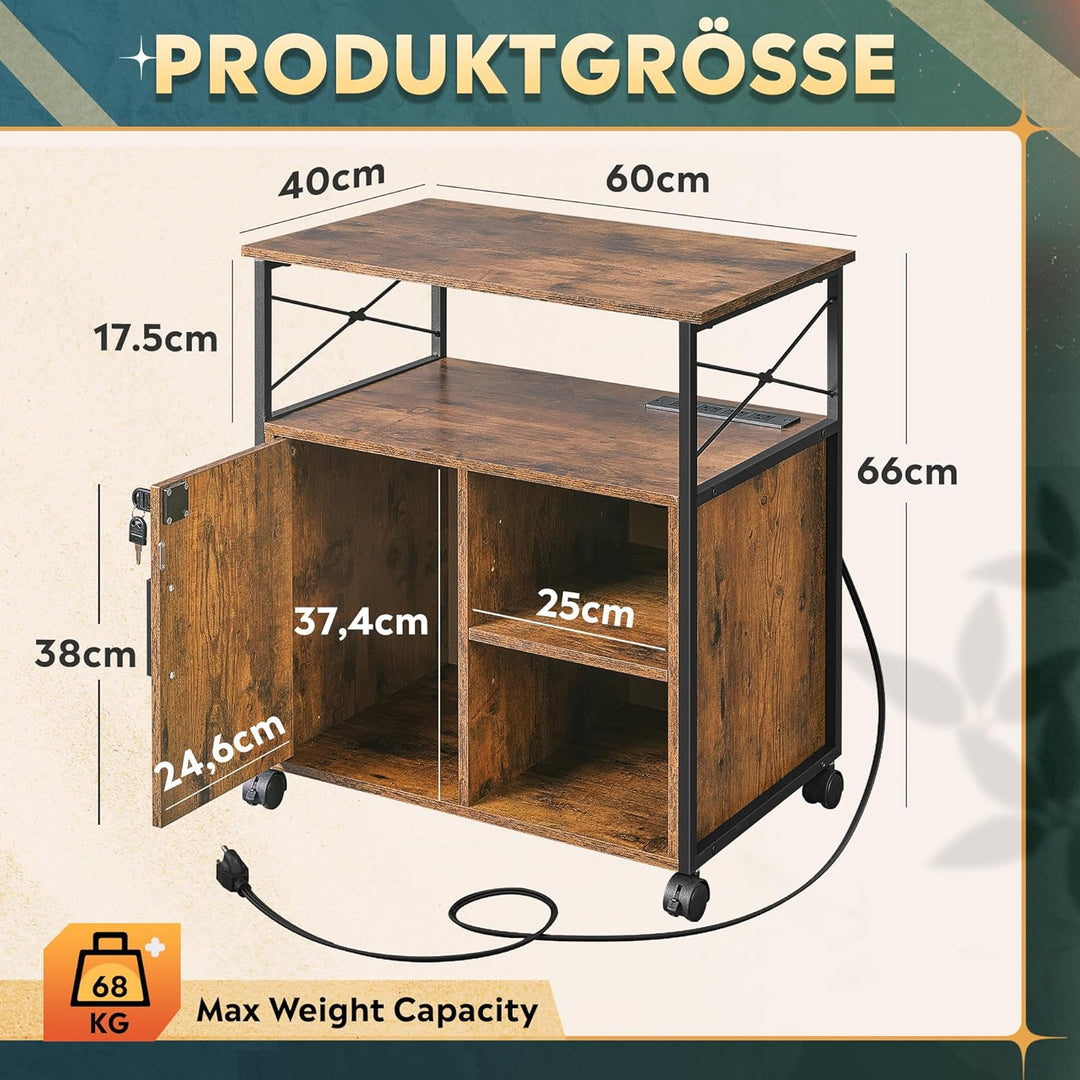 DEVAISE Druckertisch mit Ladestation, Rollcontainer mit Rollen und offenen Ablagen, Druckerschrank a