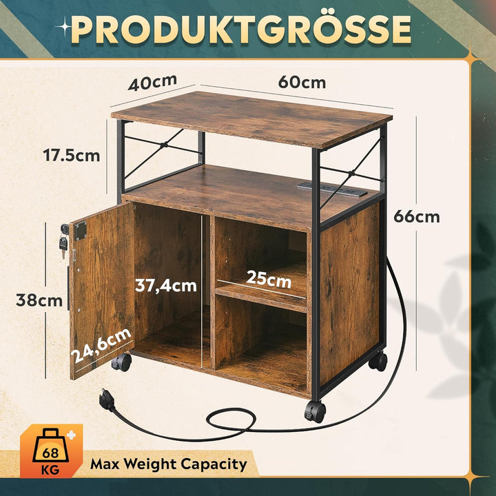 DEVAISE Druckertisch mit Ladestation, Rollcontainer mit Rollen und offenen Ablagen, Druckerschrank a