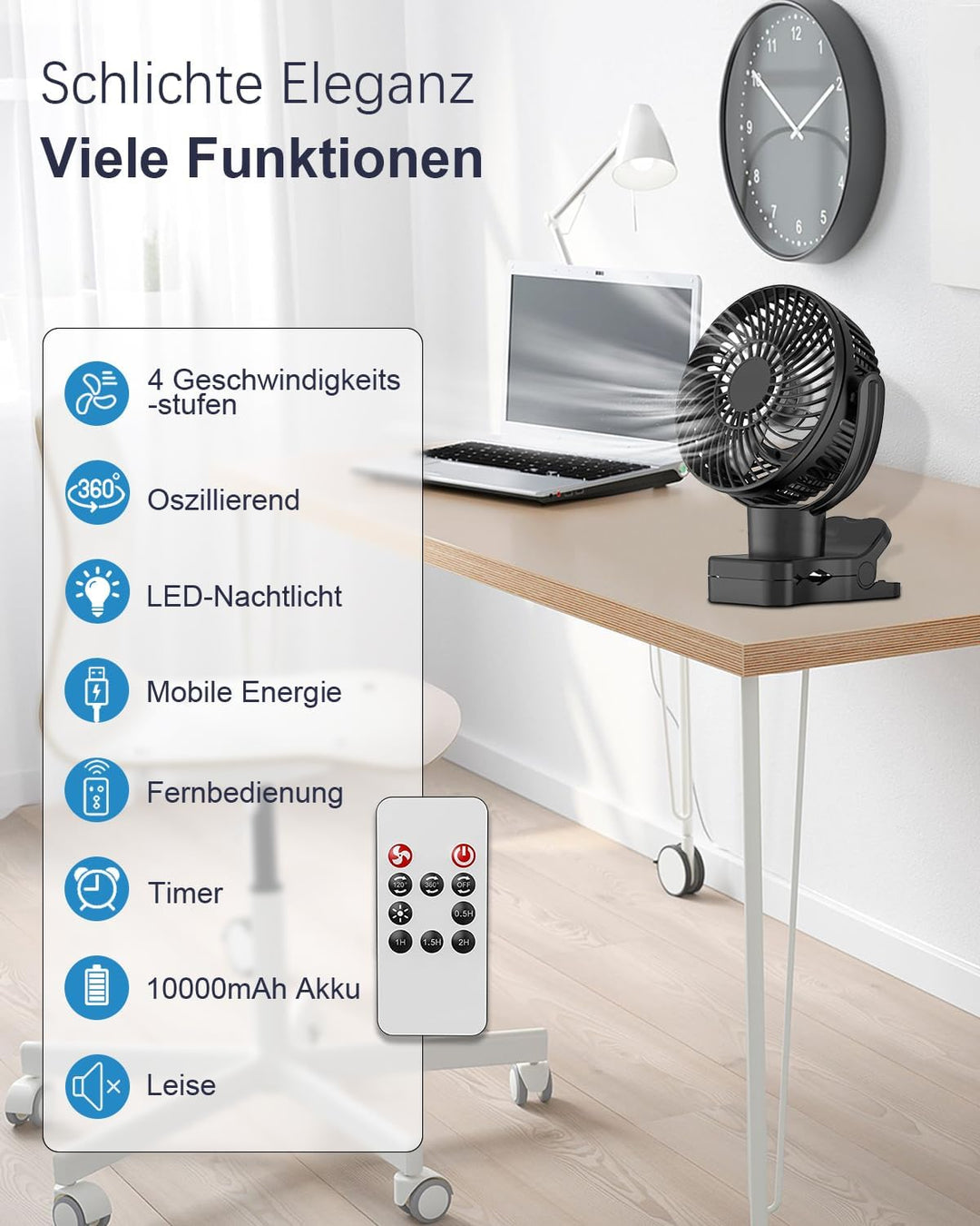 360° Oszillierend Clip Ventilator mit Fernbedienung - 10000mAh Akku USB Tischventilator Tragbarer -