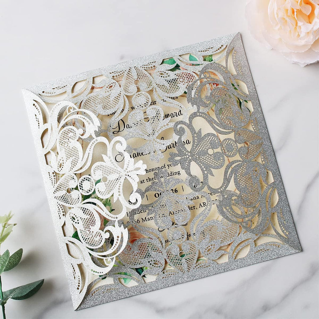 Hosmsua 20 Stück Silber Laser Cut Hohlblumenhochzeits Hochzeitseinladungskarten mit Umschläge Brautp