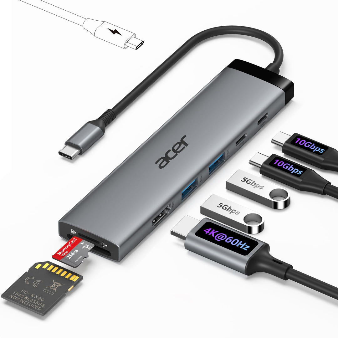 acer 8 in 1 USB C Hub, 10Gbps USB-C auf HDMI Adapter 4K@60Hz, Dockingstation mit 2×USB-C 3.2, 2×USB