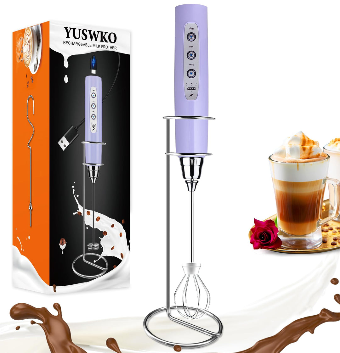 YUSWKO Wiederaufladbarer Milchaufschäumer für Kaffee mit Ständer, Handheld Getränkemixer mit 3 Köpfe