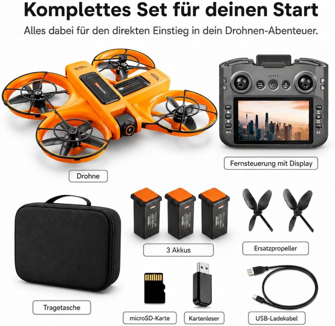 Drohne mit Kamera & Display Fernbedienung, Brushless Motor, Dual Kamera 90° verstellbar, FPV Live-Üb