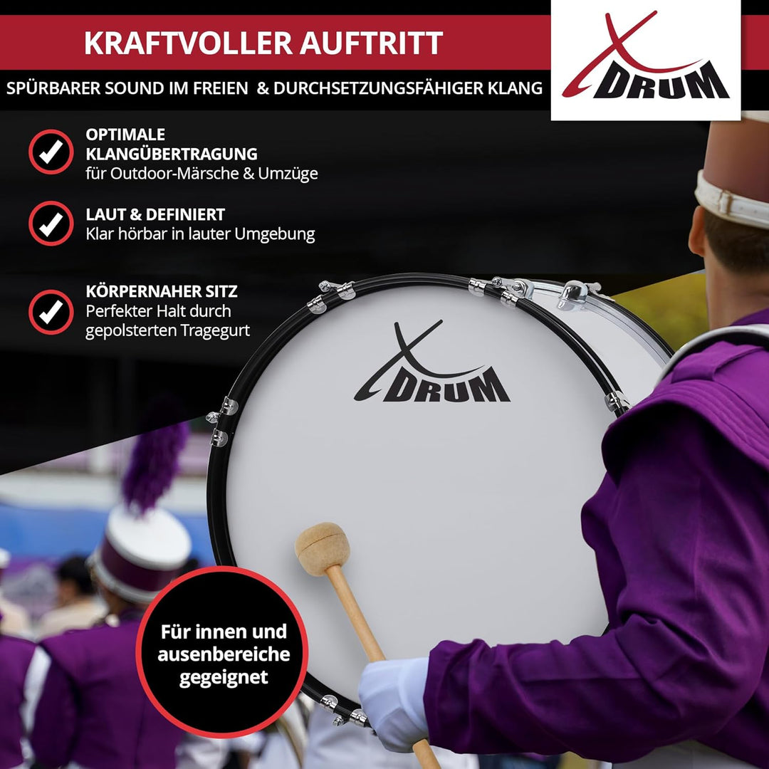 XDrum MBD-218 Marsch Bass Trommel, Fussball Pauke 18" x 12" (6,5 kg, 4 Ösen, Spannschrauben, inkl. P