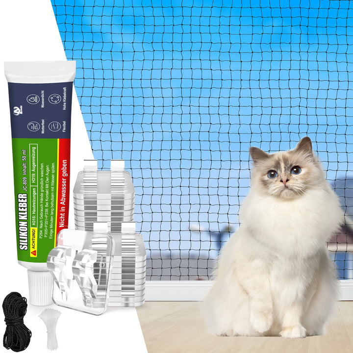 Aystkniet Katzennetz für Balkon Ohne Bohren inlk. Klebehaken &amp; Silikonkleber，10×2M Robustes Katzenne