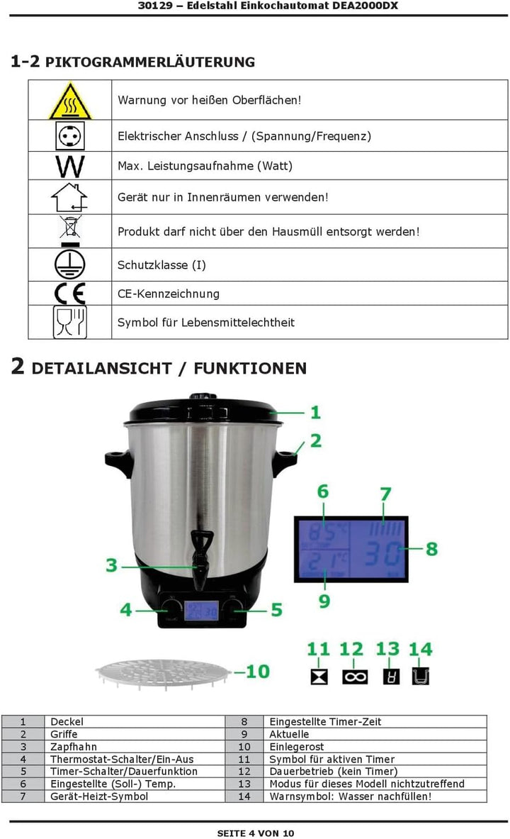 DEMA Edelstahl Einkochtopf DEA2000DX – Einkochautomat, Einkocher, 2000W, 27L, 30–100°C, robust & lan