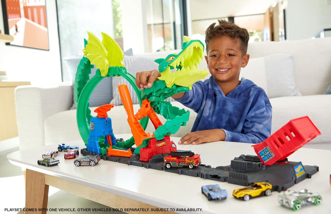 Hot Wheels City Drachenangriff Spielset, besiege den Drachen mit Stunts, lässt sich mit anderen Sets