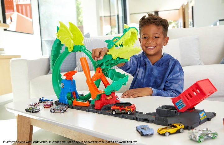 Hot Wheels City Drachenangriff Spielset, besiege den Drachen mit Stunts, lässt sich mit anderen Sets