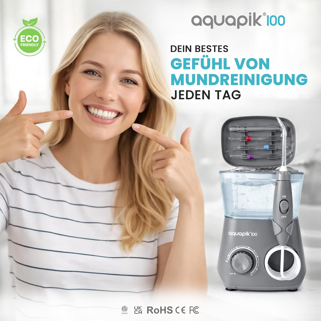 Aquapik® 100 professionelle Munddusche | Plaqueentferner + von Zahnärzten empfohlen | 8 Düsen, 10 Dr