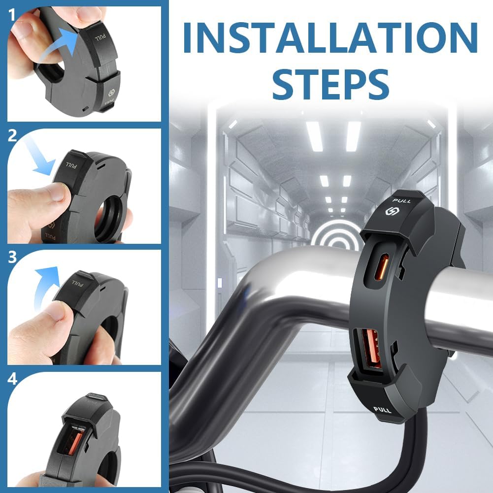 URAQT 48W USB C Steckdose 12V Motorrad Ladegerät, Moto Telefon Ladegerät, QC3.0 USB-A und Typ-C Wass