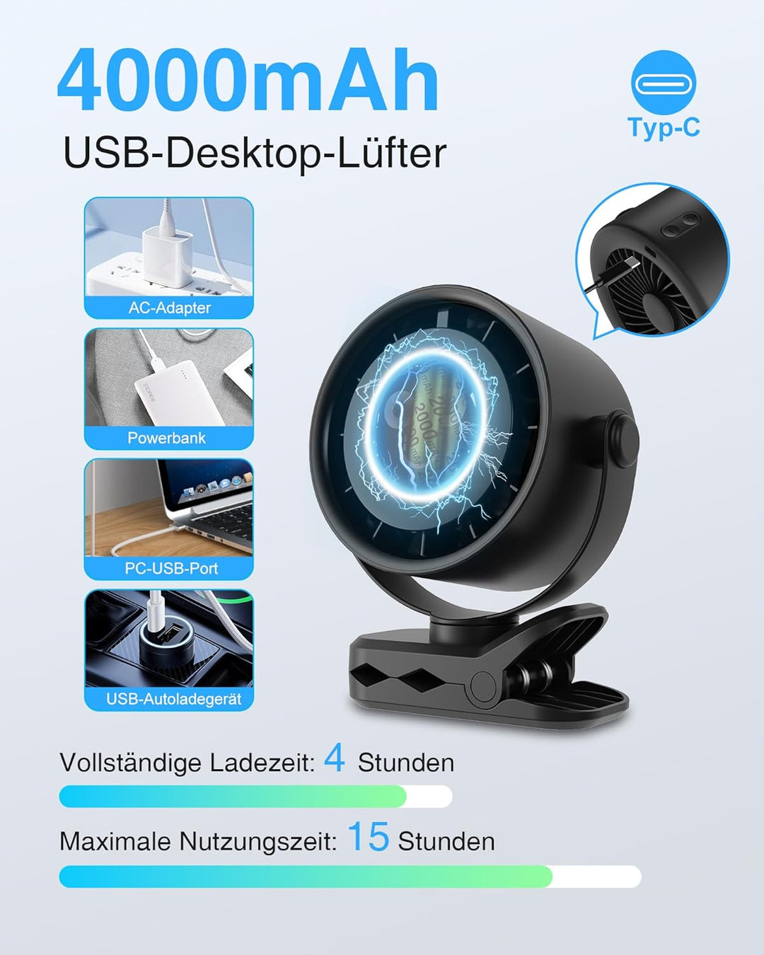 Ventilator Leise mit Clip - USB Tischventilatoren, 5 Geschwindigkeiten Tragbarer Mini Fans mit LED D