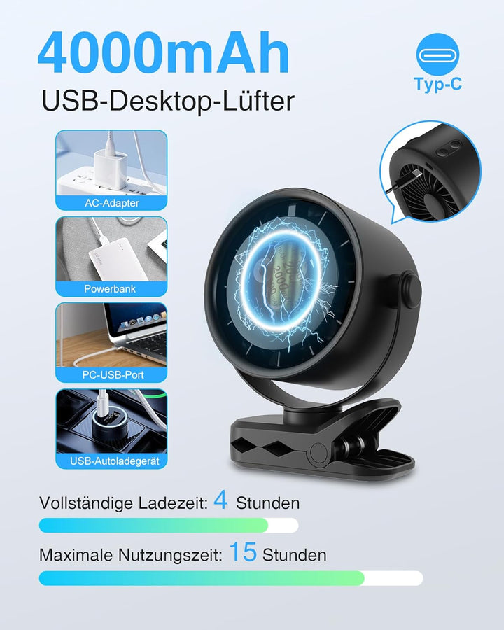 Ventilator Leise mit Clip - USB Tischventilatoren, 5 Geschwindigkeiten Tragbarer Mini Fans mit LED D