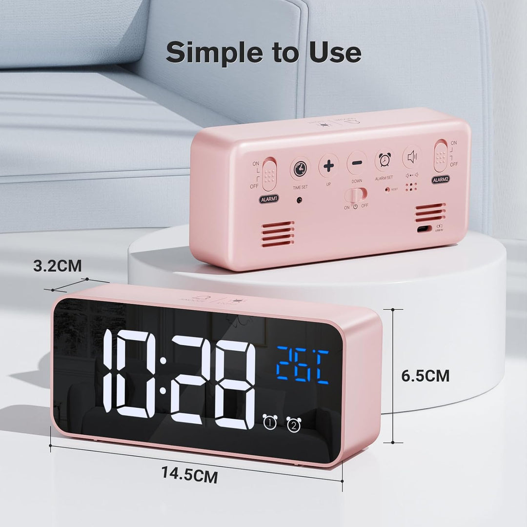 Wecker Digital, LED Digitaluhr mit Temperaturanzeige Tragbarer Spiegelalarm Tischuhr mit 2 Alarmen 1