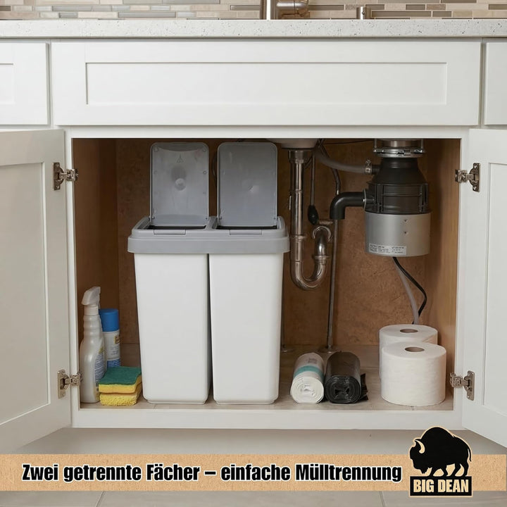 BigDean Zweimer Duo Müllbehälter mit Deckel 2 x ca. 25 Liter, Kunststoff Mülleimer für die Küche ger