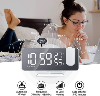 YUNYODA Projektionswecker, digitaler LED-Wecker mit Spiegelfläche, USB-Ladeanschluss, Wiederholung,
