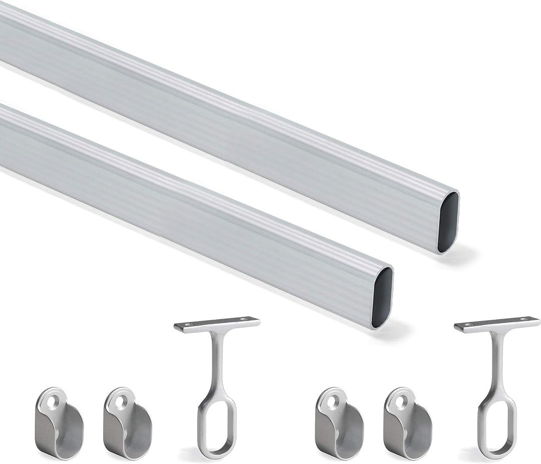 Emuca - Kit ovale Kleiderschrankstange 1150mm und Stützen, Matt eloxiert, 2 Stück L1150 mm Ovalrohr