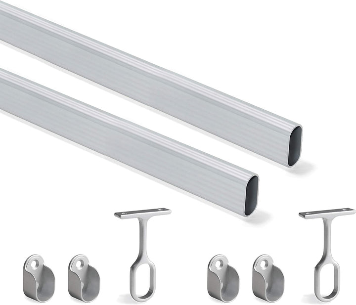 Emuca - Kit ovale Kleiderschrankstange 1150mm und Stützen, Matt eloxiert, 2 Stück L1150 mm Ovalrohr