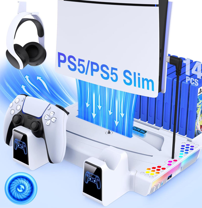 Elegamefy PS5 Standfuss für PS5/PS5 Slim Disc & Digital Konsole, Vertical Ständer mit Kühler Lüfter,