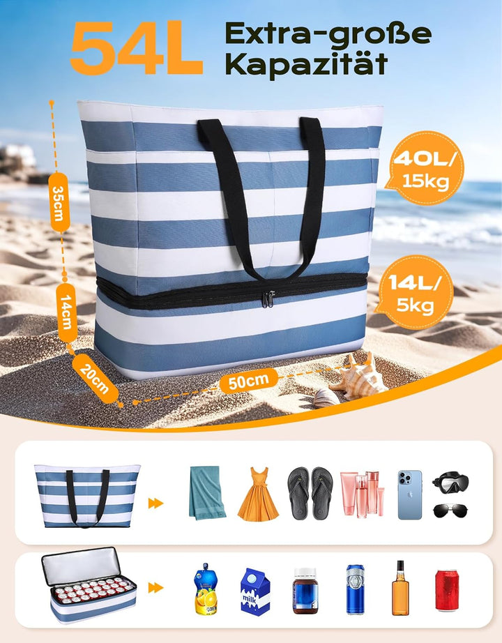 CIRYCASE Strandtasche XXL Familie mit Kühlfach, 54L Grosse Badetasche Strandtasche mit Reissverschlu