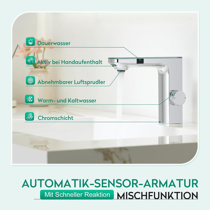 CREA Infrarot Sensor Wasserhahn Bad, Automatisch Sensor Mischbatterie Bad, Berührungsloser Waschtisc