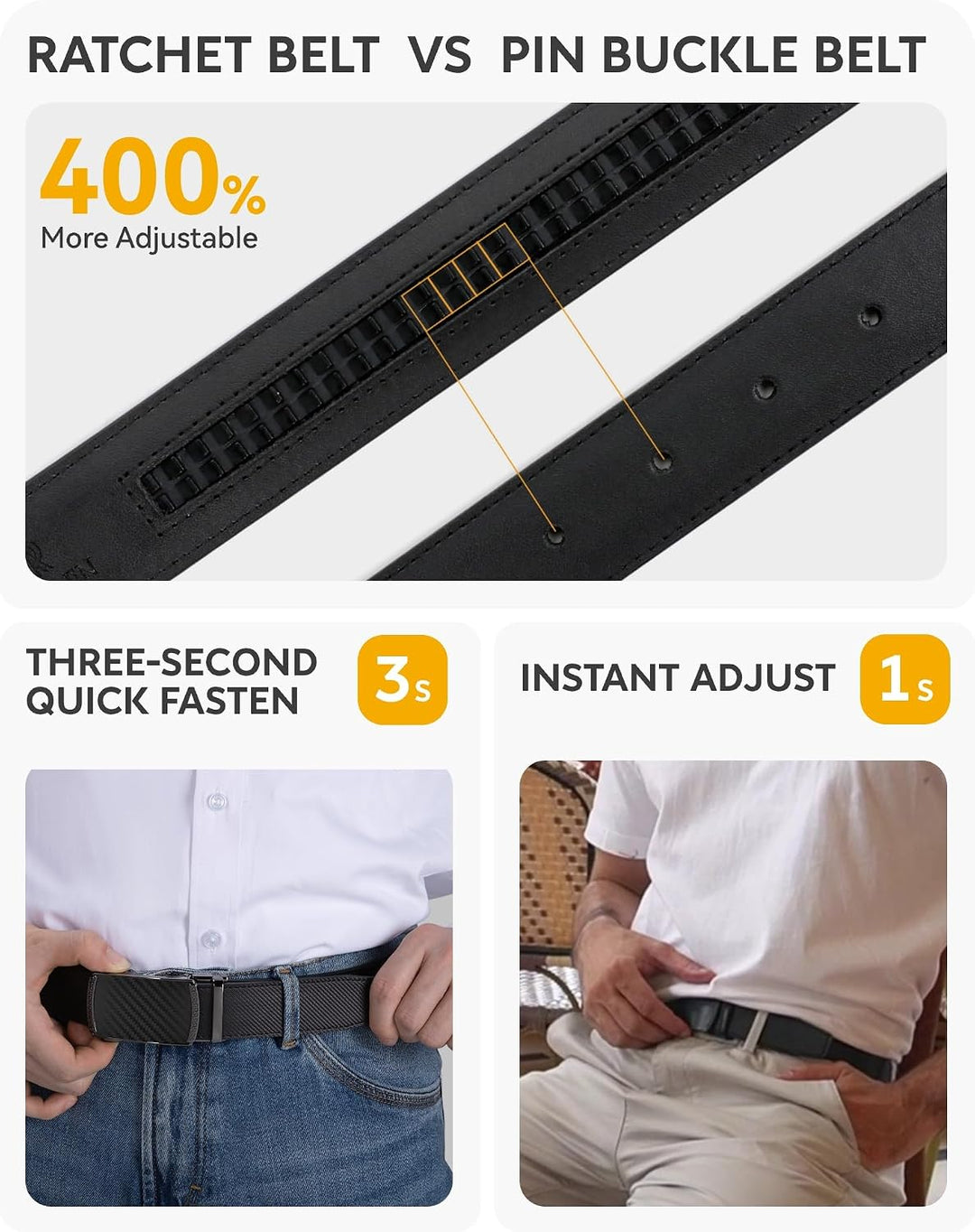 CHAOREN Gürtel Herren, Automatik Ledergürtel Herren 35mm ohne Löcher Taille 90-100cm (Gesamtlänge 11