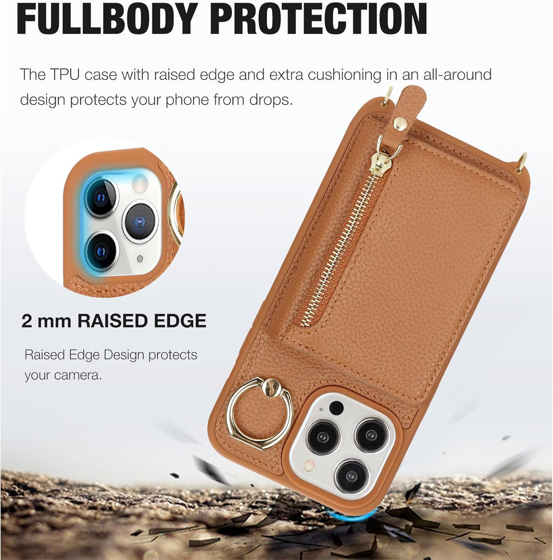 ELTEKER Handyhülle für iPhone 15 Pro Max Hülle mit Band Kartenfach Handykette Ringhalterung Geldbörs