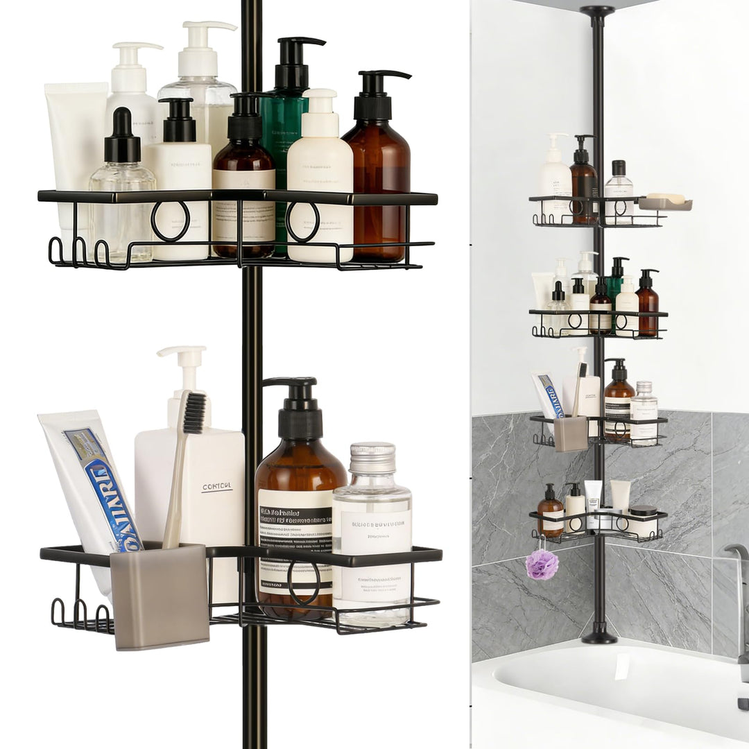 Duschregal Teleskop ohne Bohren, Teleskop Duschregal – Bathroom Organizer mit 4 Ablagen & Haken, 77.