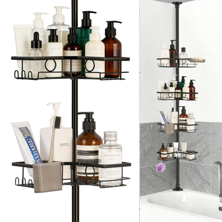 Duschregal Teleskop ohne Bohren, Teleskop Duschregal – Bathroom Organizer mit 4 Ablagen & Haken, 77.