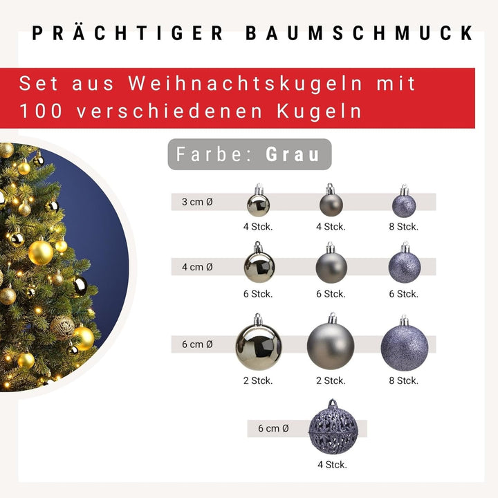 WOMA Weihnachtskugeln Set in Grau I 100 Christbaum-Kugeln I kleine & grosse Weihnachtskugeln Kunstst