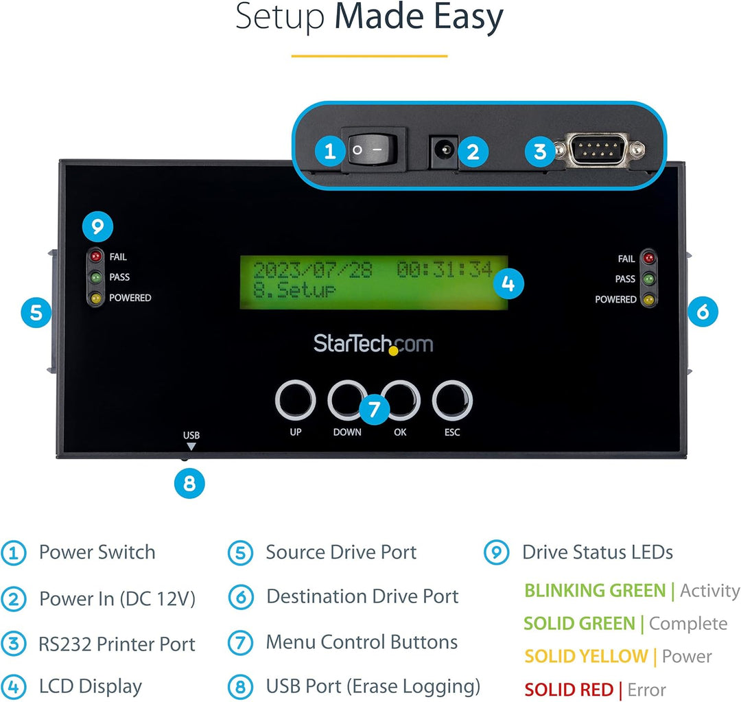 StarTech.com 1:1 Selbständige Festplatten Klonstation und Löscher, SAS und SATA HDD/SSD Kloner/Kopie