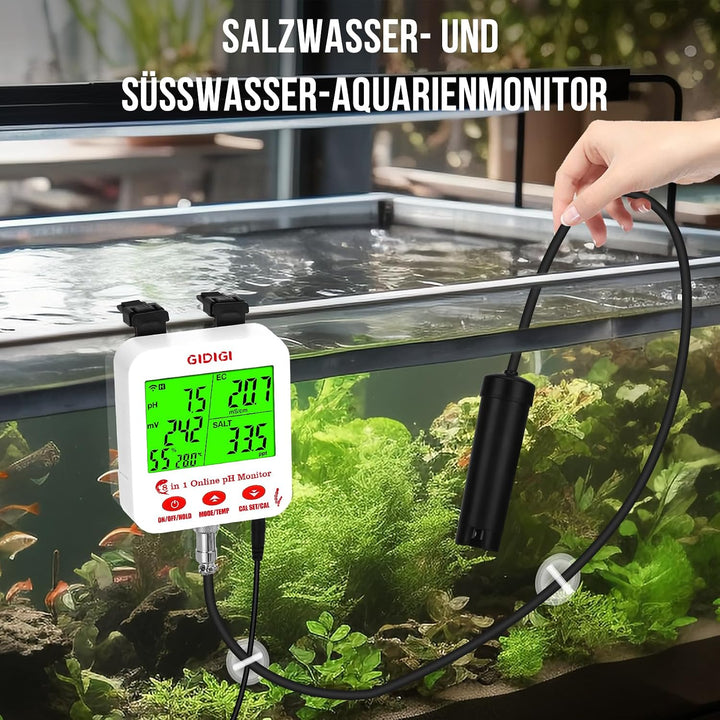 Online pH und Salzmessgerät für Aquarien mit WLAN Echtzeit pH und EC, 8-in-1 Aquarien pH Testkit, pH