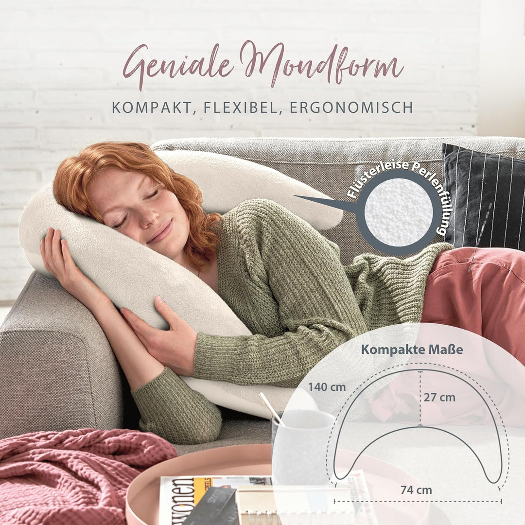 Theraline Plüschmond Stillkissen, Kopfkissen und Nackenkissen mit Perlen, ergonomisches Kissen zum S