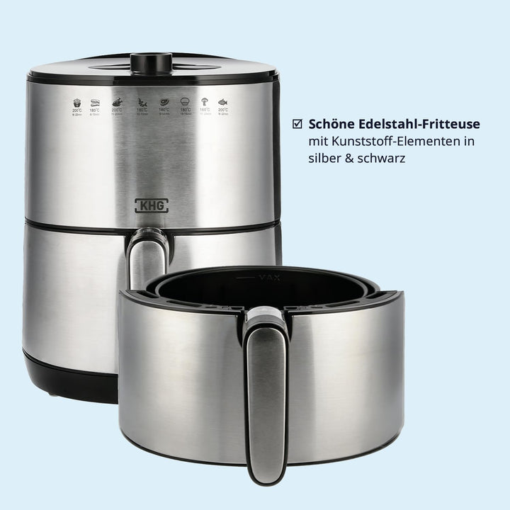 KHG Heissluft-Fritteuse Airfryer HLF-3200 silber 3,2 Liter herausnehmbarer Frittierkorb 1500 Watt Ti