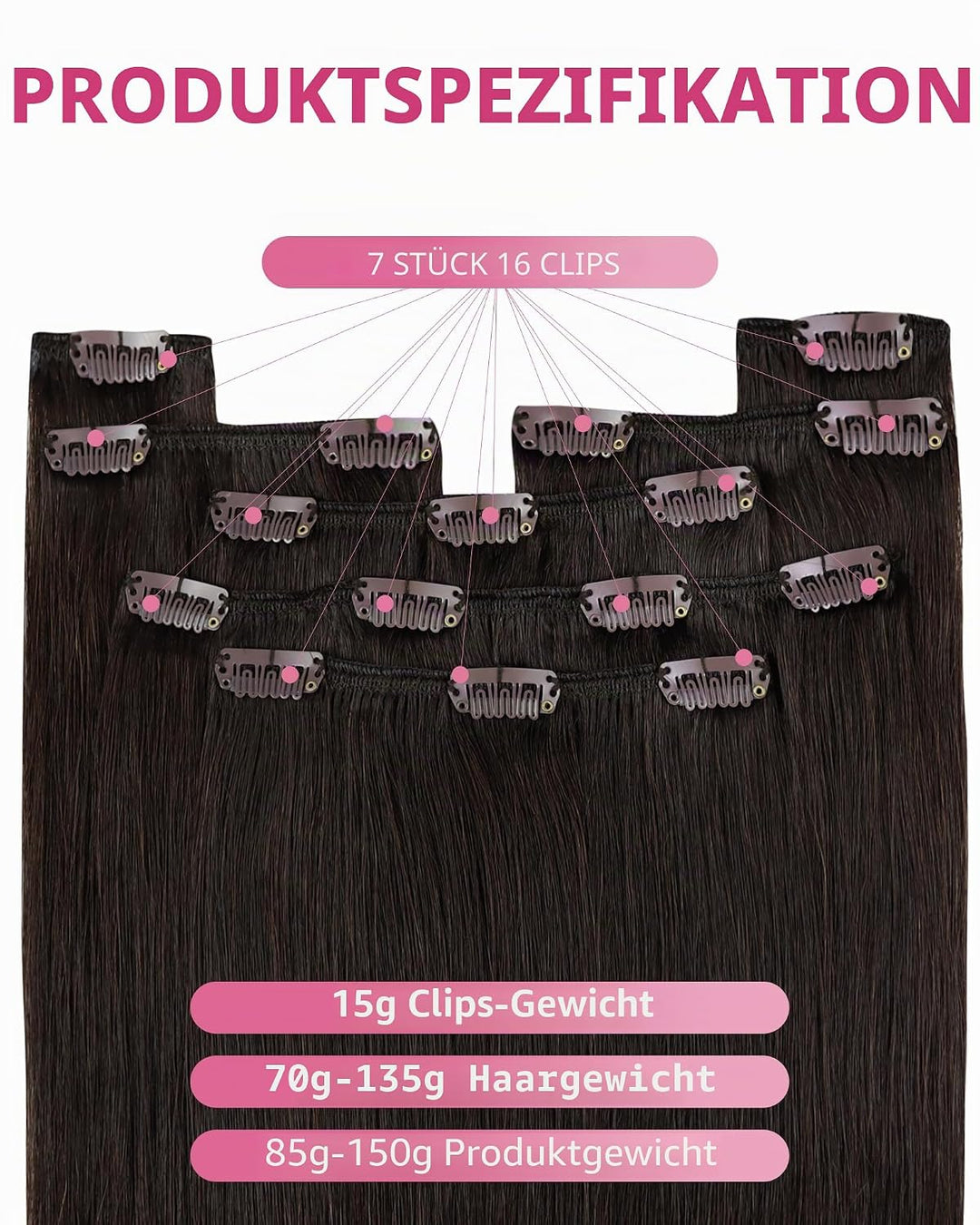 YoungSee Echthaar Extensions Clip Braun Clip in Extensions Echthaar Dunkelbraun 45 cm Clip in Extens