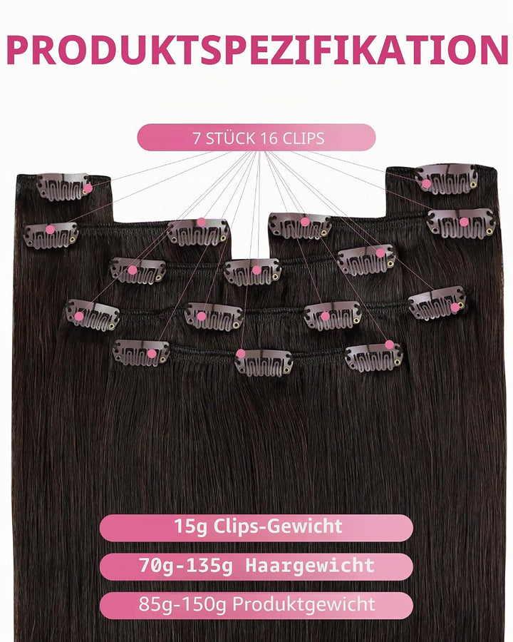 YoungSee Echthaar Extensions Clip Braun Clip in Extensions Echthaar Dunkelbraun 45 cm Clip in Extens