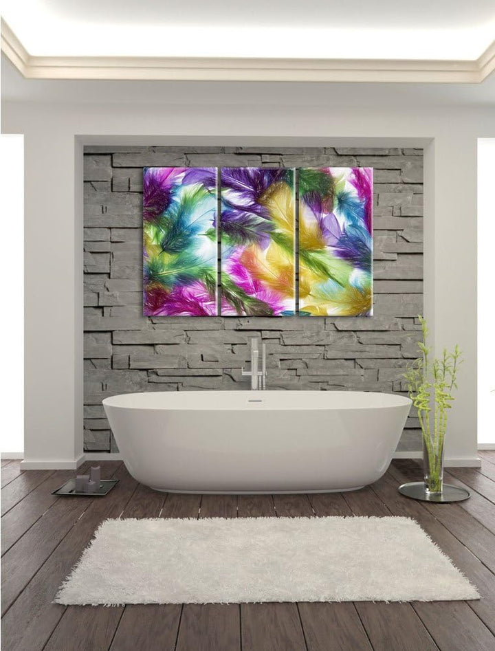 Pixxprint Anordnung von Federn als Leinwandbild/Grösse: 3 Teilig (120x80) cm/Wandbild/Kunstdruck/fer