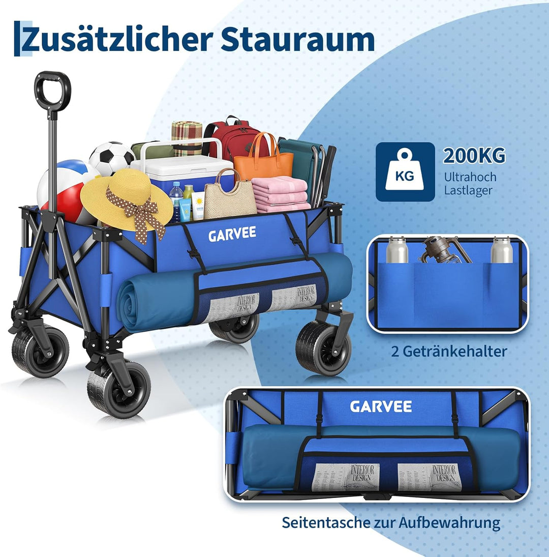 GarveeLife XXL Bollerwagen Faltbar, 200kg Belastbar &amp; 200L Volumen, Handwagen mit Bremsen &amp; 20cm Off