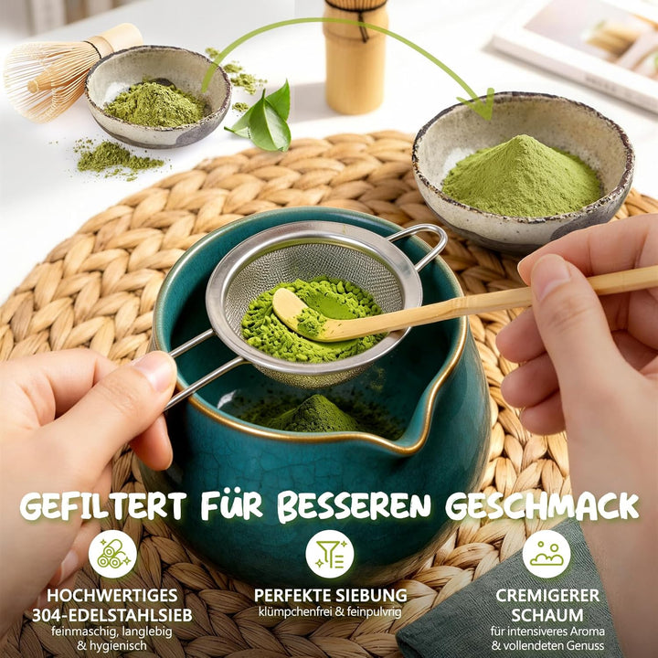 Matcha Set 7-teilig | Premium Tee-Zeremonie Set mit Matcha-Schale, Bambus-Chasen (100+ Spitzen), Hal