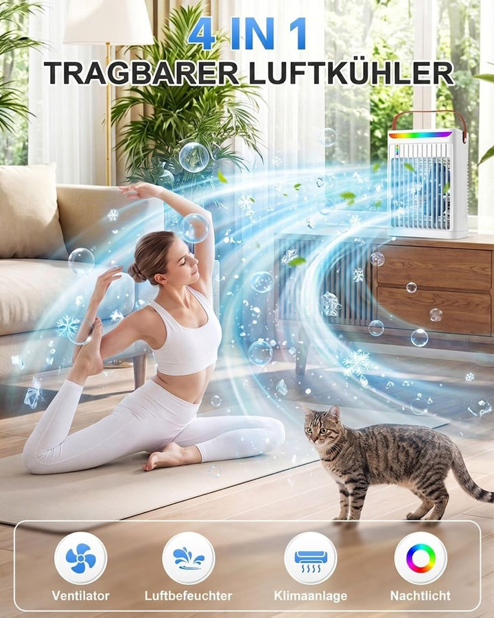 Luftkühler mit Verdunstungskühlung, Mini Klimaanlage, 4-In-1 700ml Mini Air Conditioner Mit 2-/4-/6-
