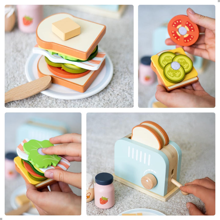 UMU® Holz Toaster & Sandwich Küchenspielzeug - inkl. Pop-up Toaster, Butter schneiden, Kinderküche Z
