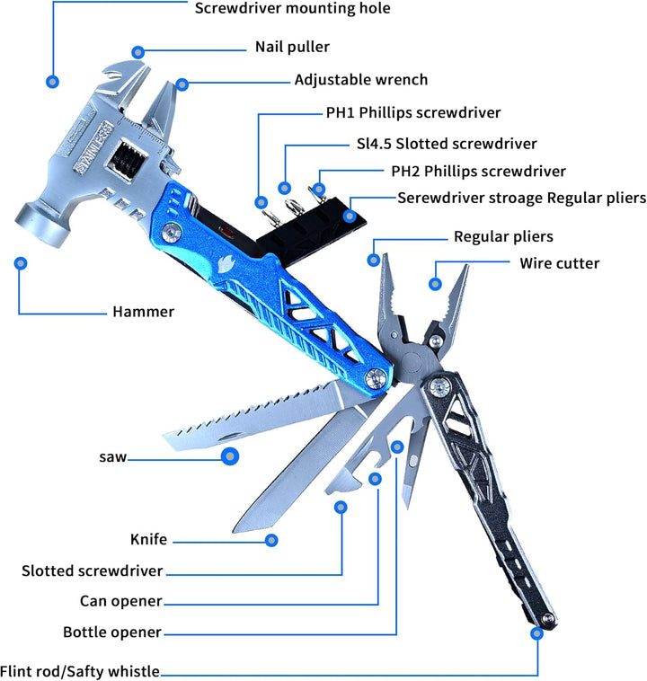 18-in-1 Multitool mit Hammer, Zange und Taschenmesser - Robuster Multiwerkzeug für Männer - Ideal al