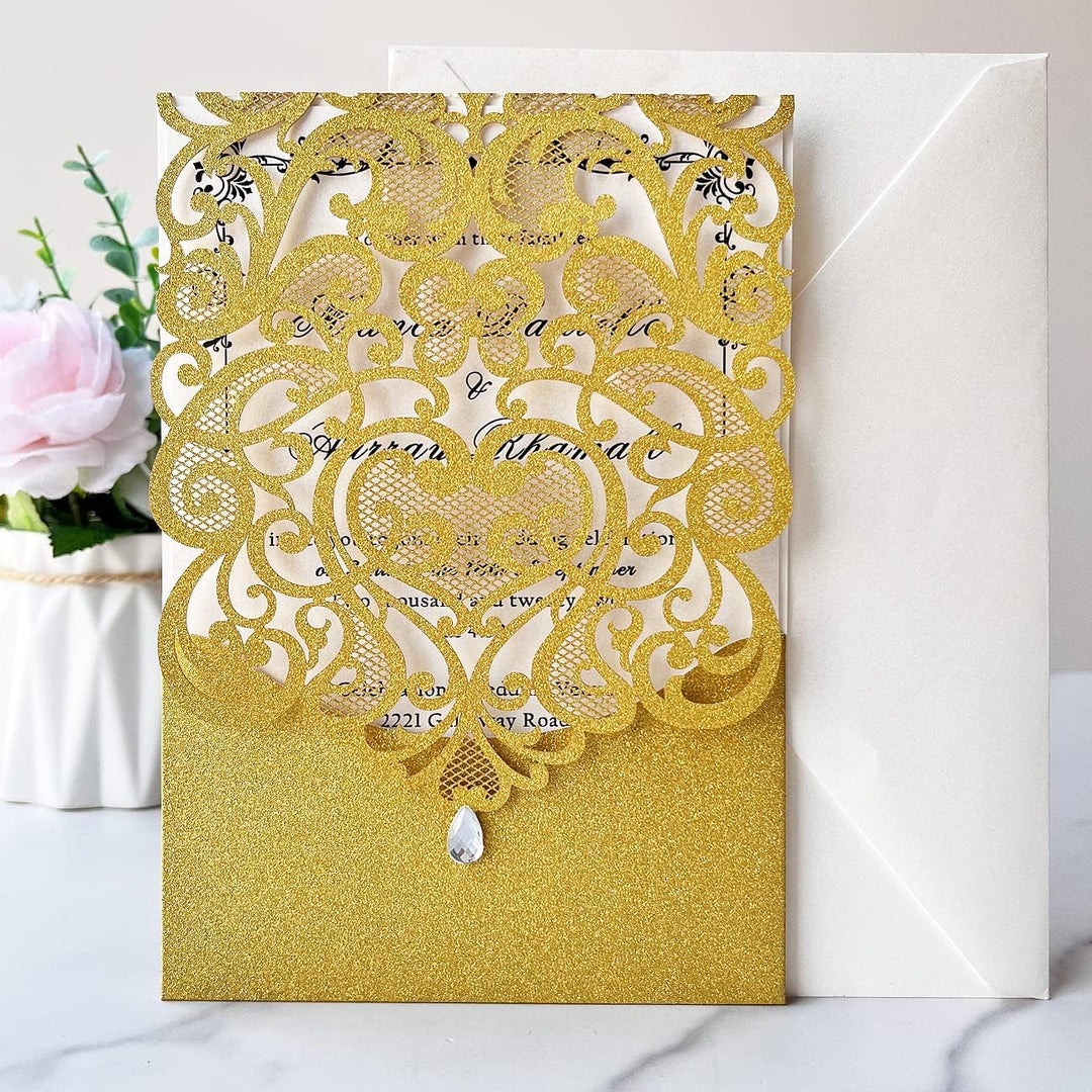 Hosmsua 20x Golden Glitzer Hochzeit EinladungsKarten Lasercut Rose Spitze Wasserdiamant Hochzeitsein