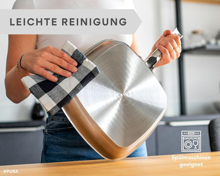 DIVORY Grillpfanne gerillt 28 x 28cm, unbeschichtete Steakpfanne aus Edelstahl - Induktion, backofen